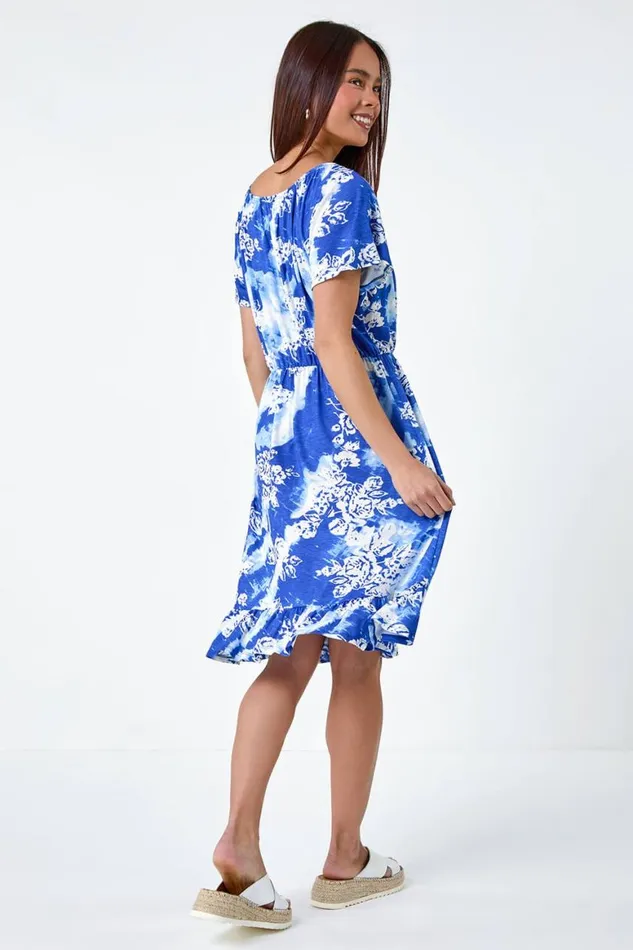 Women Blue Petite Abstract Floral Stretch Frill Dress Roman Dresses