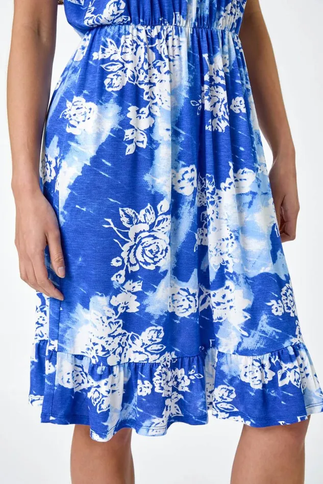 Women Blue Petite Abstract Floral Stretch Frill Dress Roman Dresses