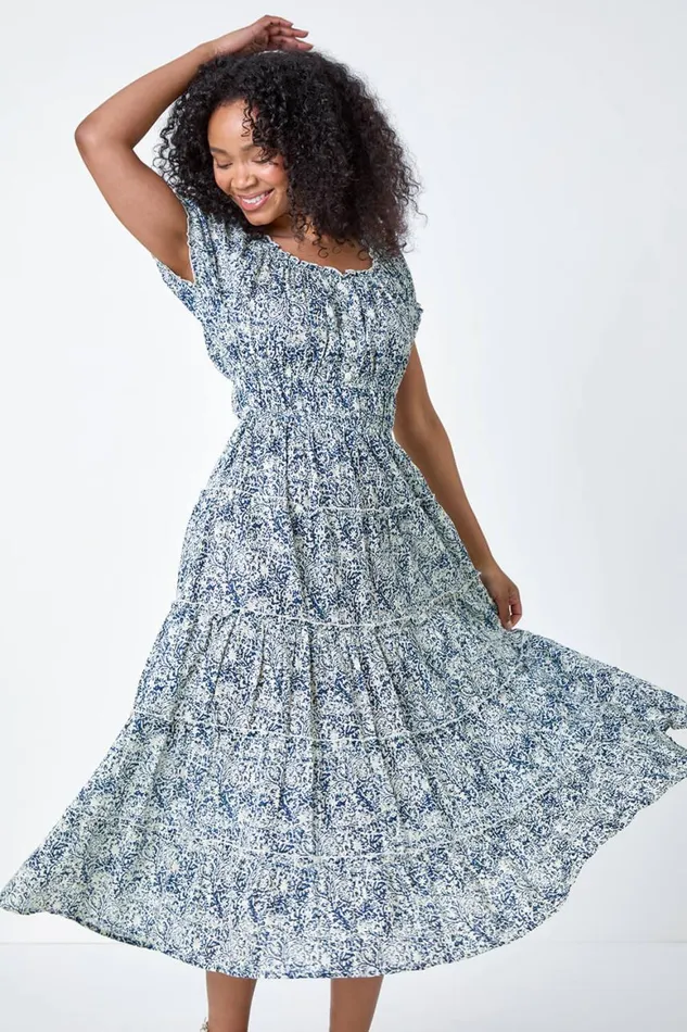 Women Blue Petite Abstract Puff Sleeve Cotton Dress Roman Dresses