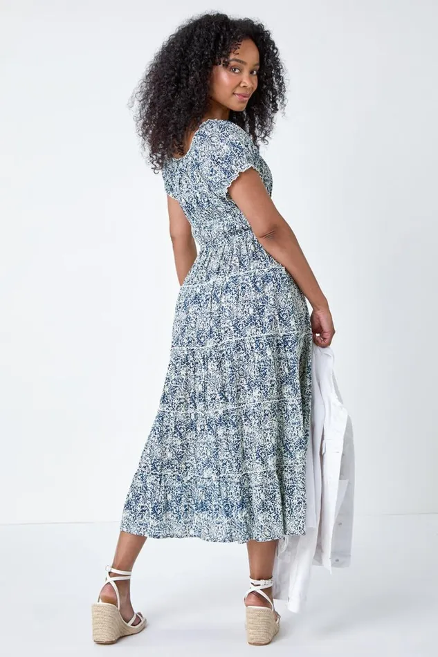 Women Blue Petite Abstract Puff Sleeve Cotton Dress Roman Dresses