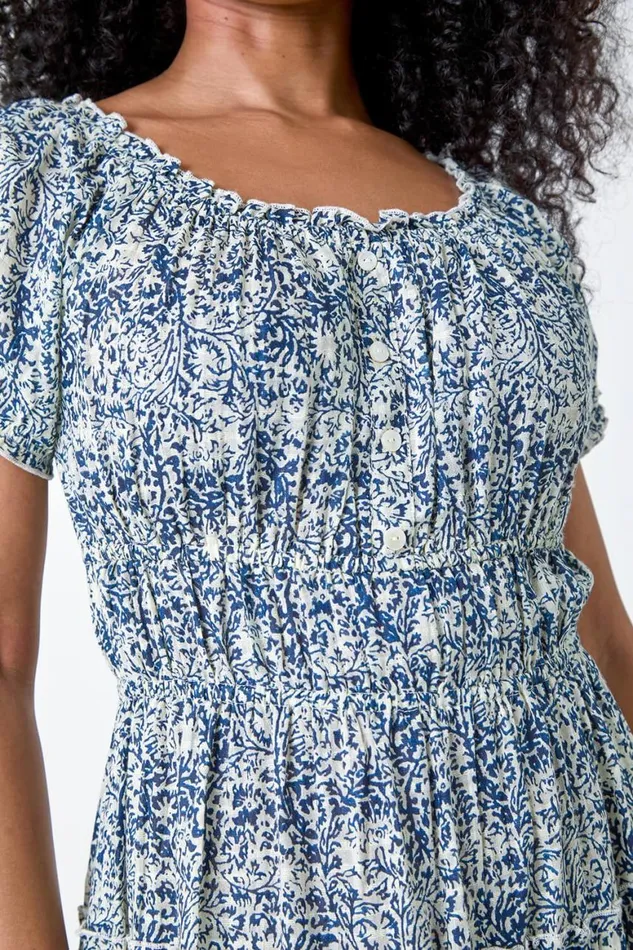 Women Blue Petite Abstract Puff Sleeve Cotton Dress Roman Dresses