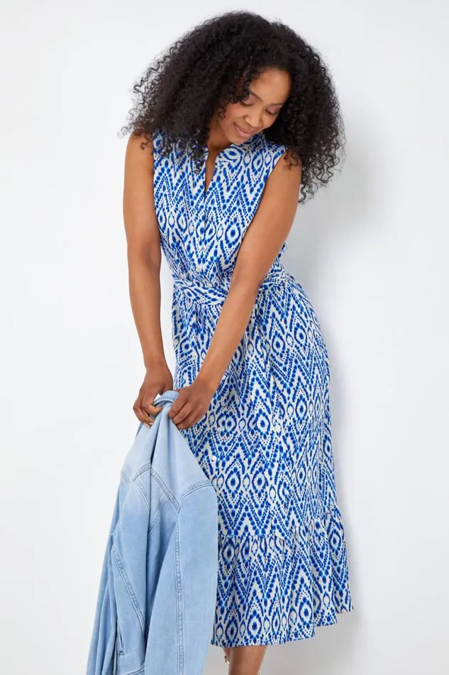 Women Blue Petite Aztec Print Frill Shirt Dress Roman Dresses