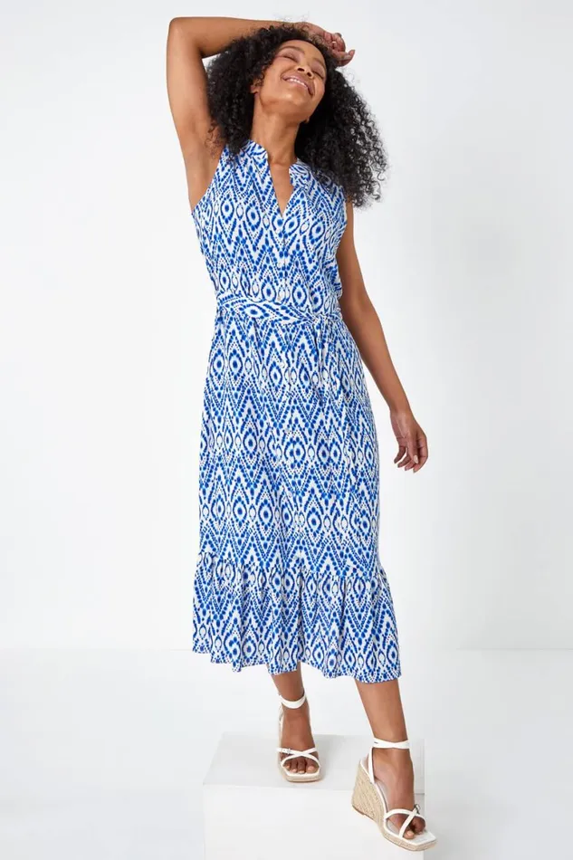 Women Blue Petite Aztec Print Frill Shirt Dress Roman Dresses