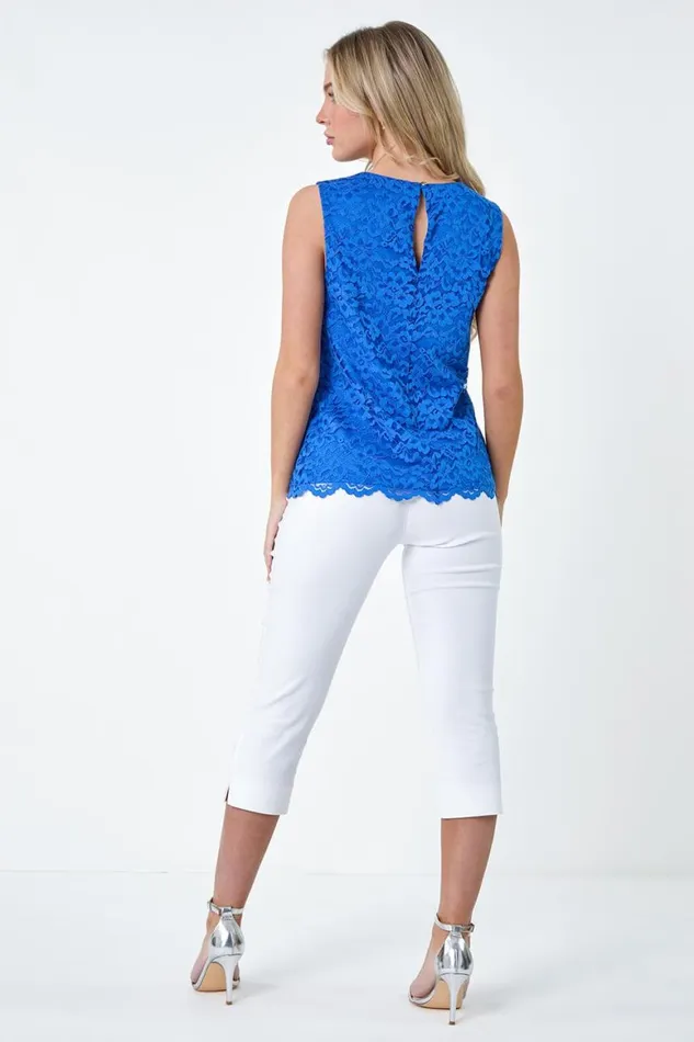 Women Blue Petite Cotton Blend Lace Overlay Top Roman Tops