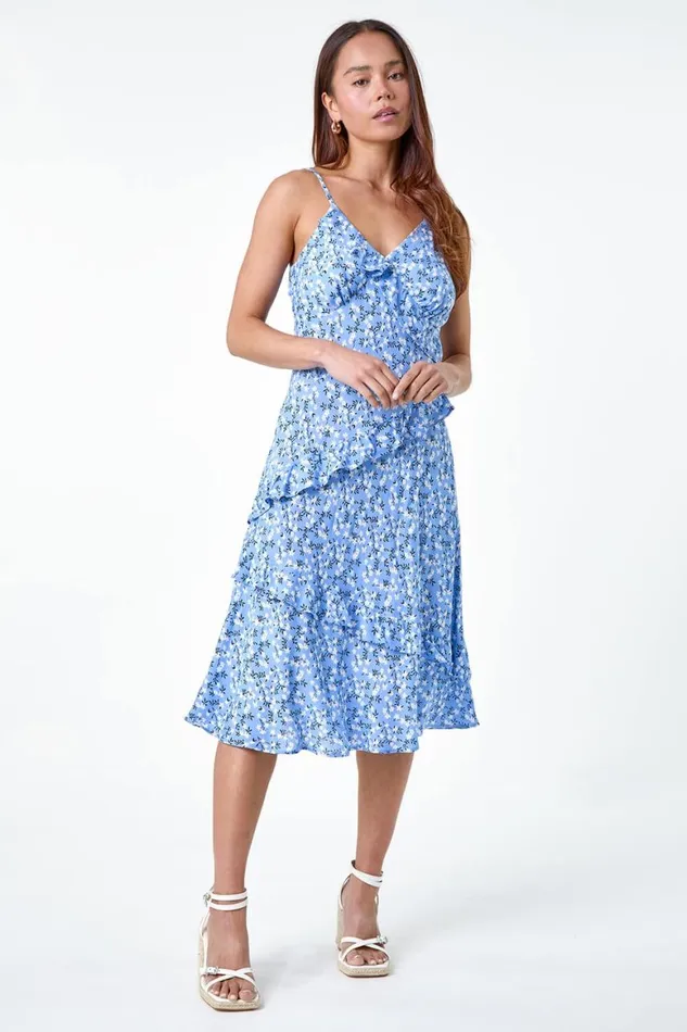 Women Blue Petite Ditsy Floral Frill Midi Dress Roman Dresses
