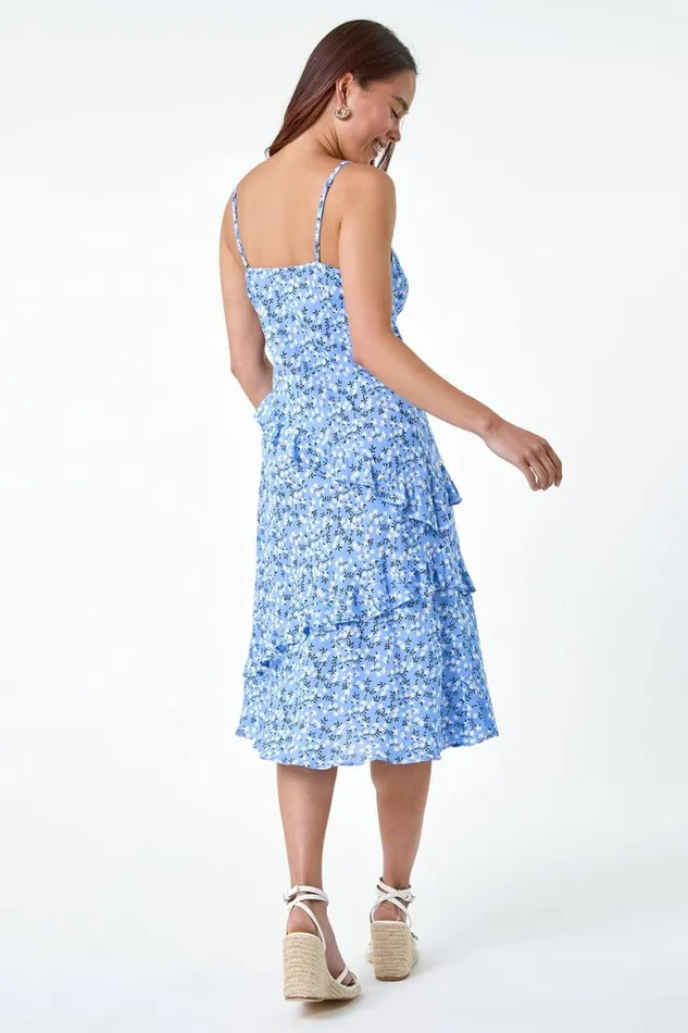 Women Blue Petite Ditsy Floral Frill Midi Dress Roman Dresses