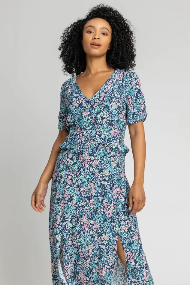 Women Blue Petite Floral Frill Detail Midi Dress Roman Dresses