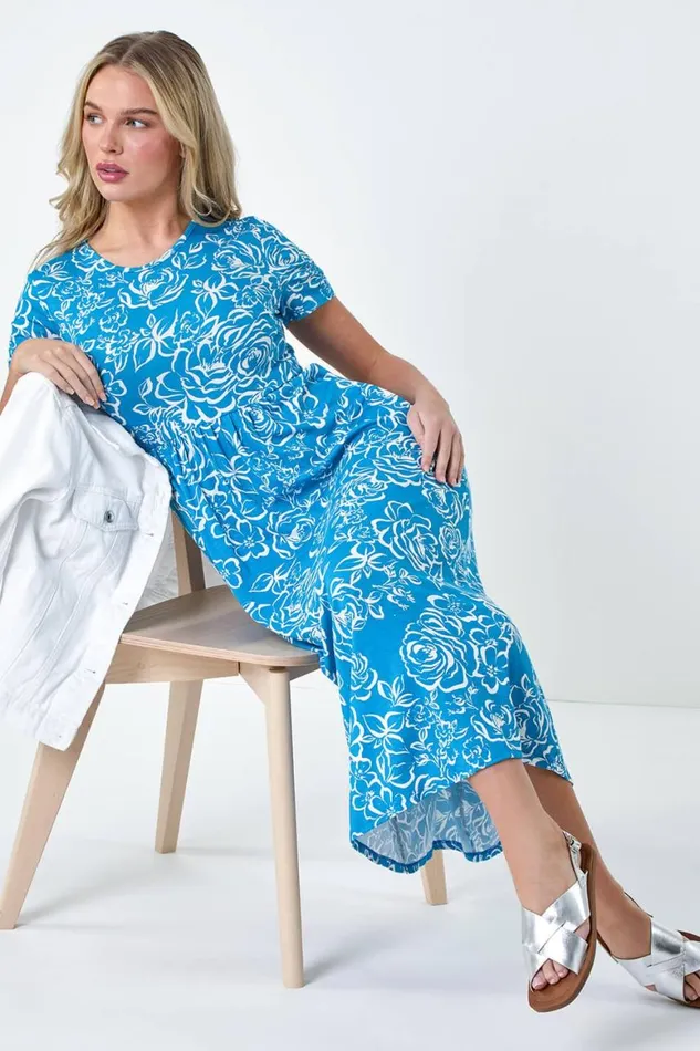 Women Blue Petite Floral Print Stretch Pocket Midi Dress Roman Dresses