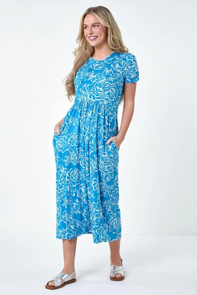 Women Blue Petite Floral Print Stretch Pocket Midi Dress Roman Dresses