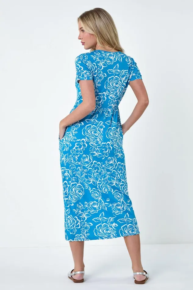 Women Blue Petite Floral Print Stretch Pocket Midi Dress Roman Dresses