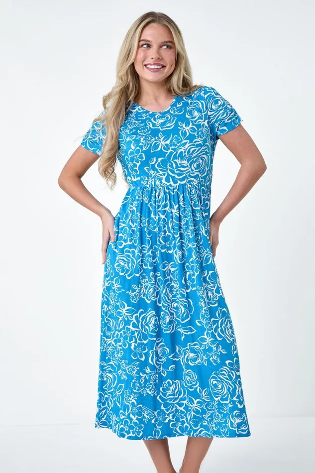 Women Blue Petite Floral Print Stretch Pocket Midi Dress Roman Dresses