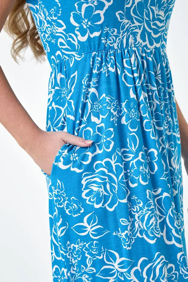 Women Blue Petite Floral Print Stretch Pocket Midi Dress Roman Dresses