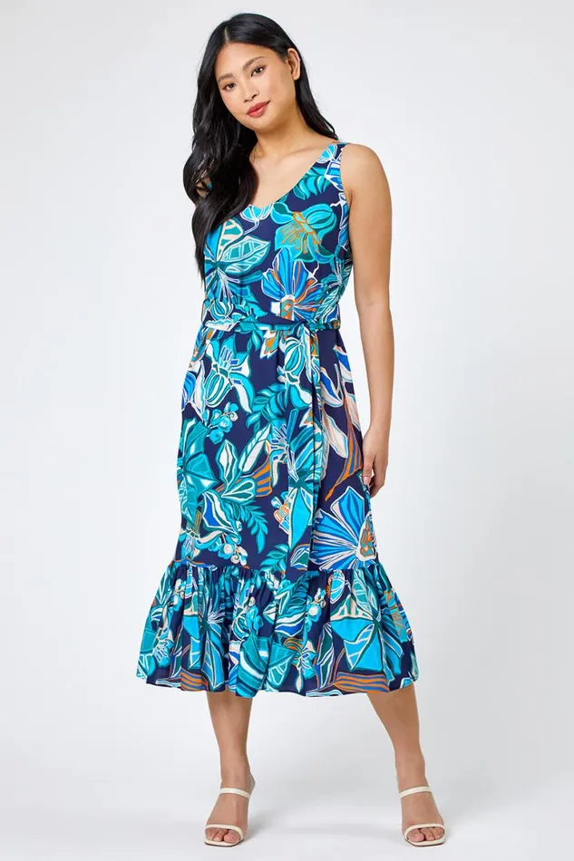 Women Blue Petite Floral Print Tiered Dress Roman Dresses