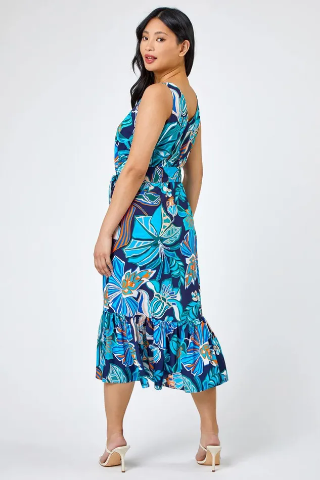 Women Blue Petite Floral Print Tiered Dress Roman Dresses