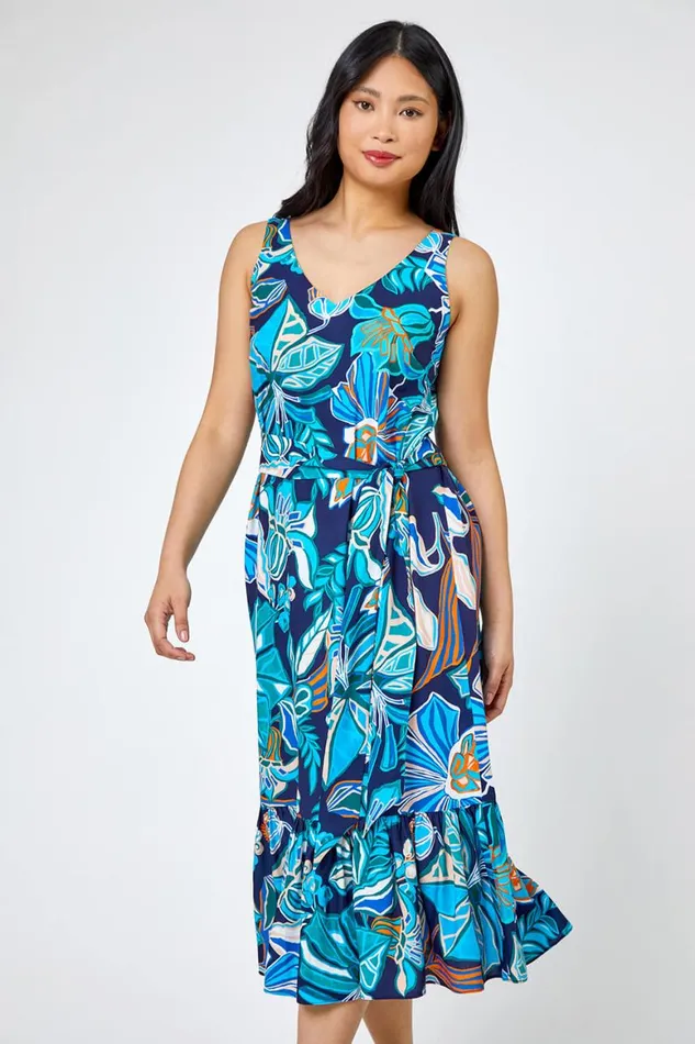 Women Blue Petite Floral Print Tiered Dress Roman Dresses