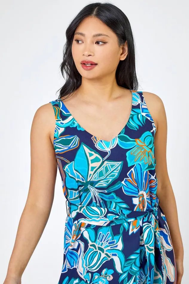 Women Blue Petite Floral Print Tiered Dress Roman Dresses