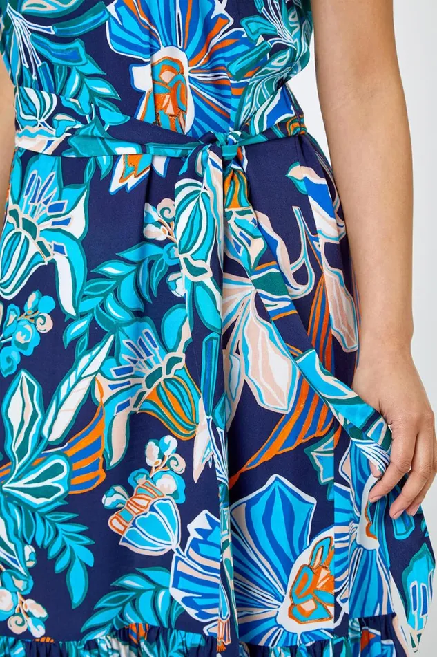 Women Blue Petite Floral Print Tiered Dress Roman Dresses