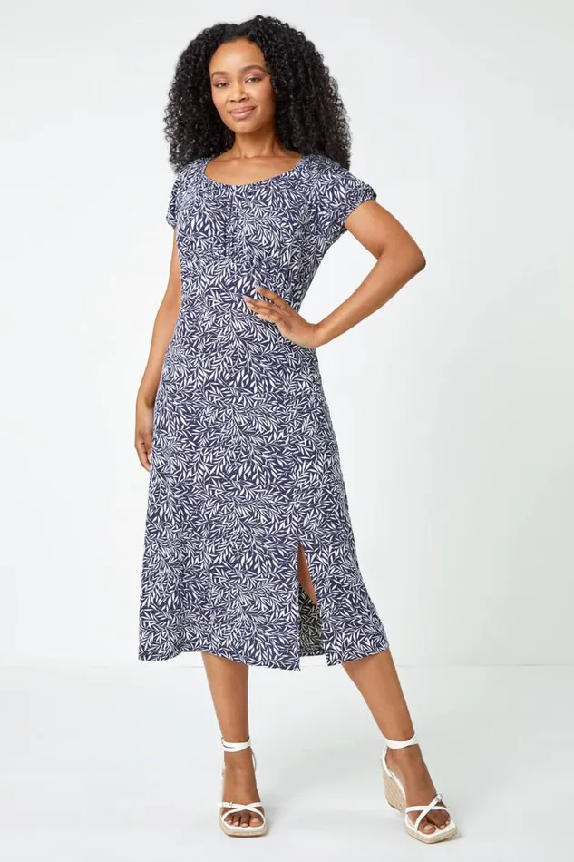 Women Blue Petite Leaf Print Midi Stretch Dress Roman Dresses