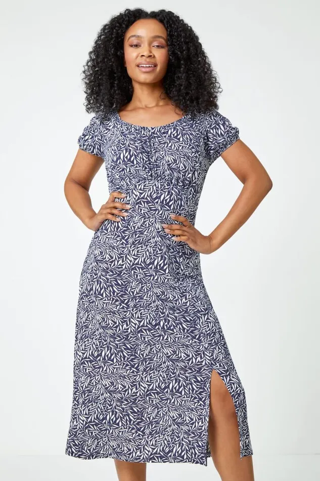 Women Blue Petite Leaf Print Midi Stretch Dress Roman Dresses