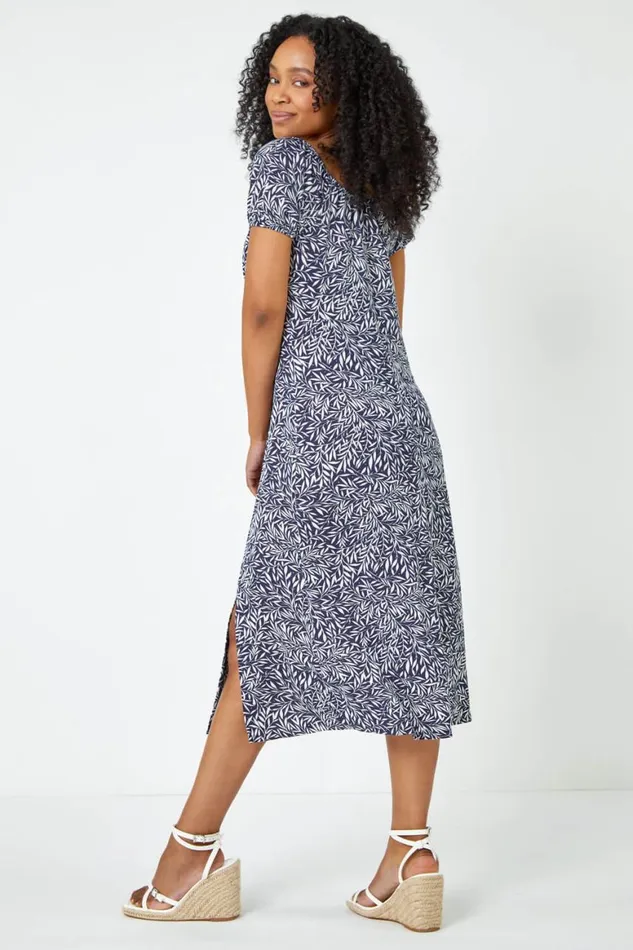 Women Blue Petite Leaf Print Midi Stretch Dress Roman Dresses
