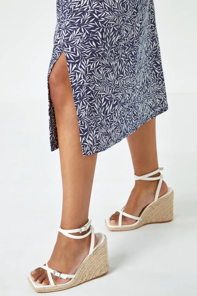 Women Blue Petite Leaf Print Midi Stretch Dress Roman Dresses