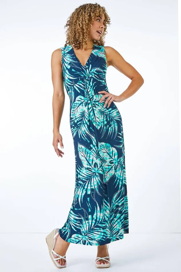 Women Blue Petite Palm Print Twist Front Maxi Dress Roman Dresses
