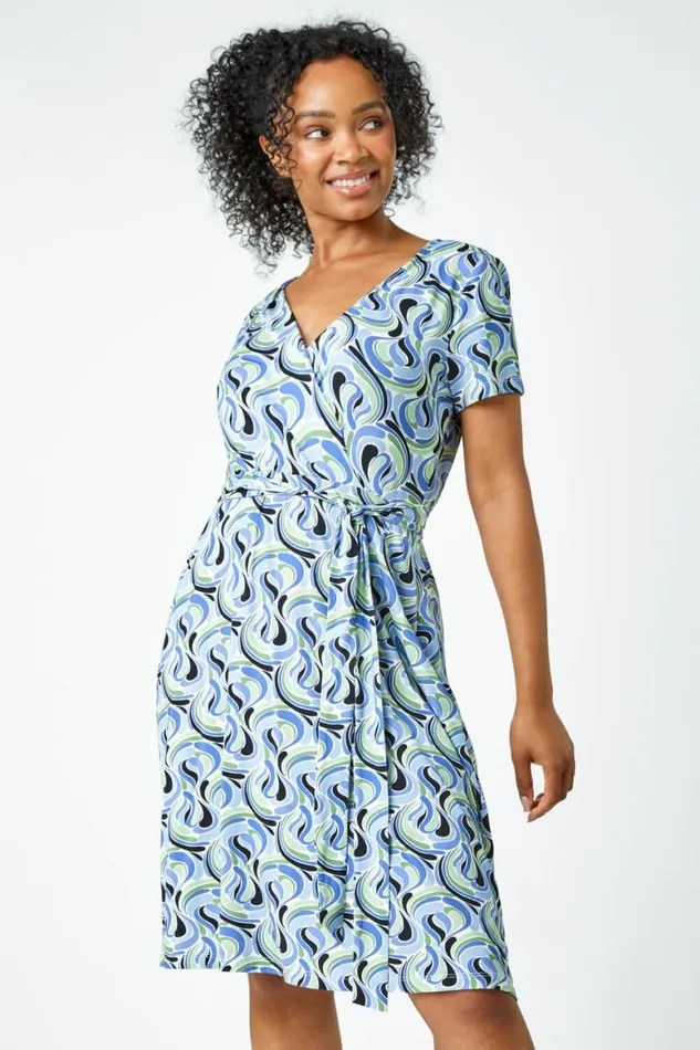 Women Blue Petite Swirl Print Jersey Wrap Dress Roman Dresses