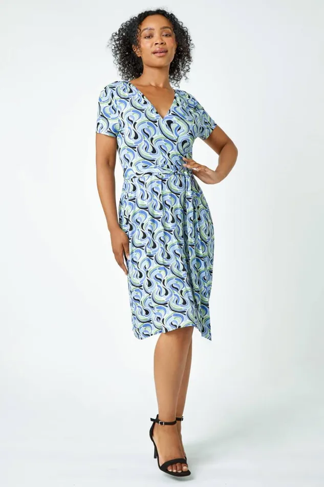 Women Blue Petite Swirl Print Jersey Wrap Dress Roman Dresses