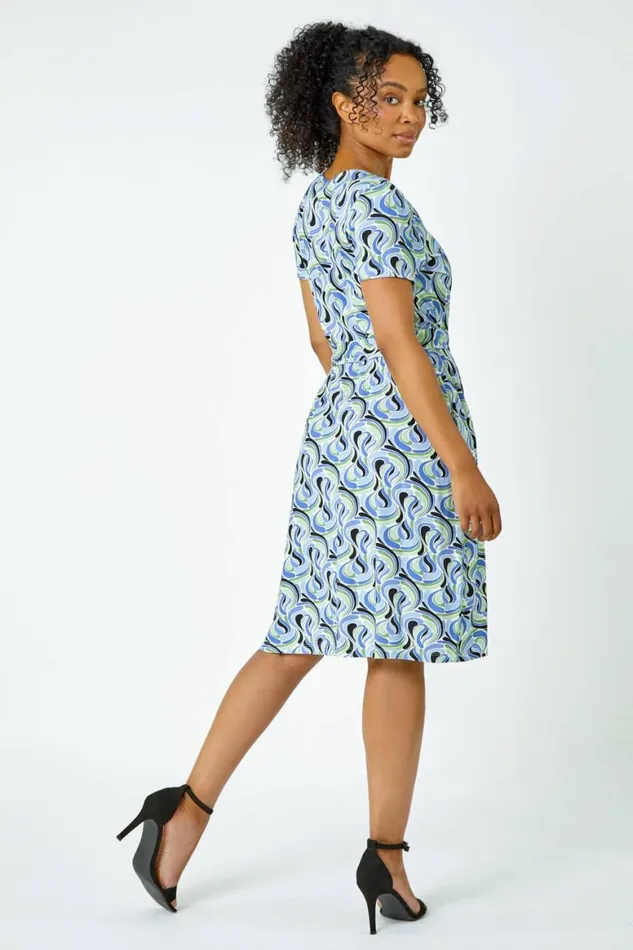 Women Blue Petite Swirl Print Jersey Wrap Dress Roman Dresses