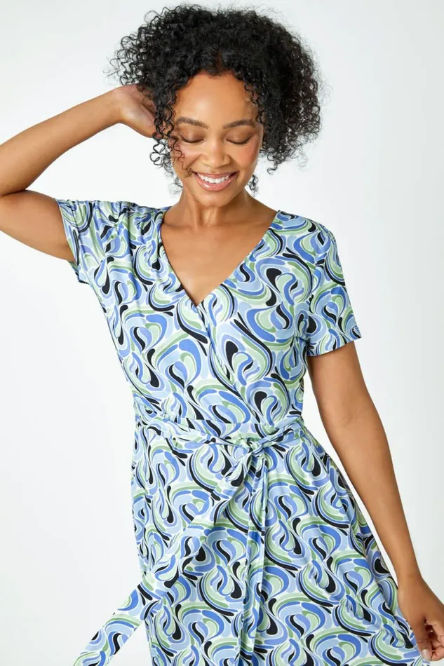 Women Blue Petite Swirl Print Jersey Wrap Dress Roman Dresses