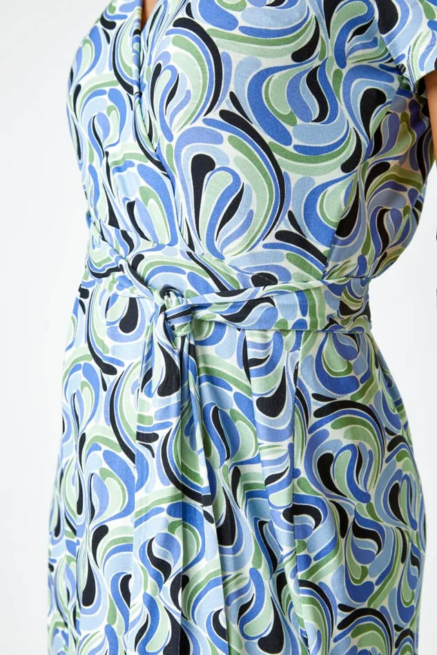 Women Blue Petite Swirl Print Jersey Wrap Dress Roman Dresses