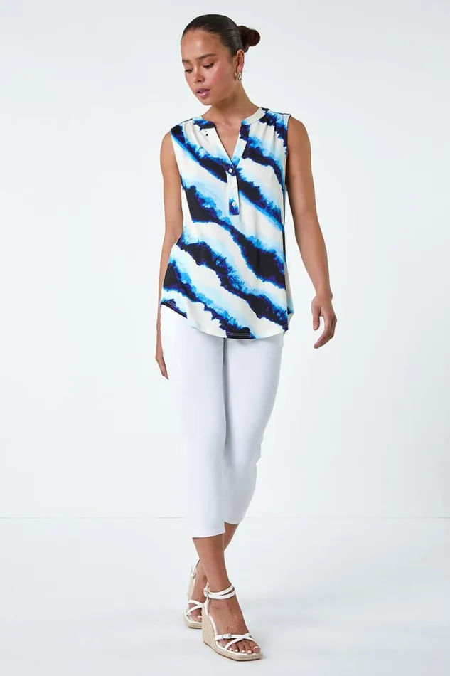 Women Blue Petite Tie Dye Stripe Print Stretch Top Roman Tops