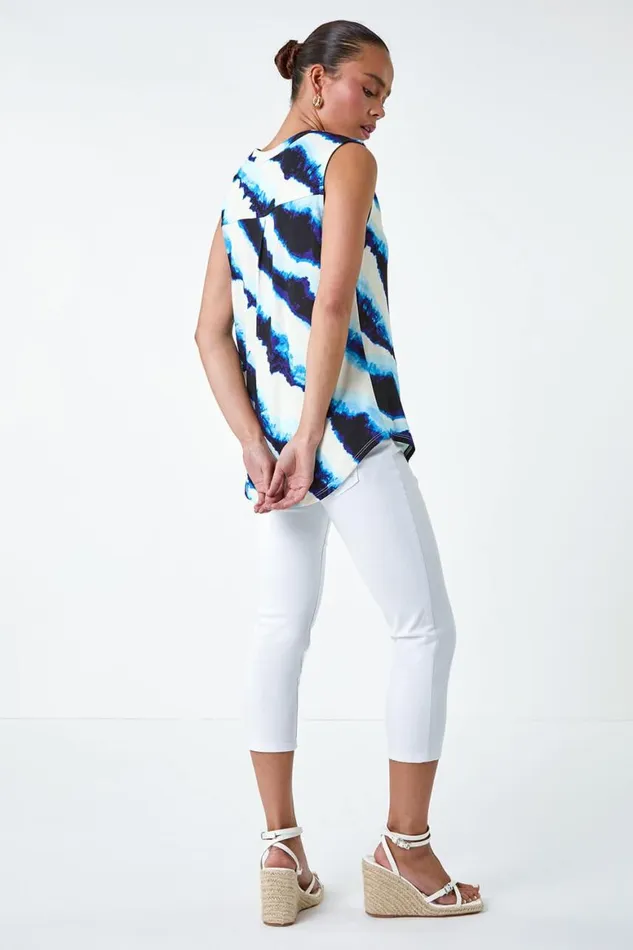 Women Blue Petite Tie Dye Stripe Print Stretch Top Roman Tops