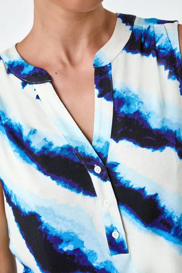 Women Blue Petite Tie Dye Stripe Print Stretch Top Roman Tops