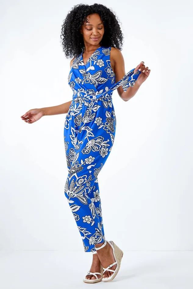 Women Blue Petite Wrap Front Belted Jumpsuit Roman Dresses