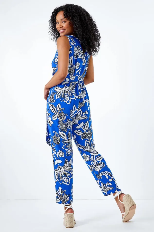Women Blue Petite Wrap Front Belted Jumpsuit Roman Dresses