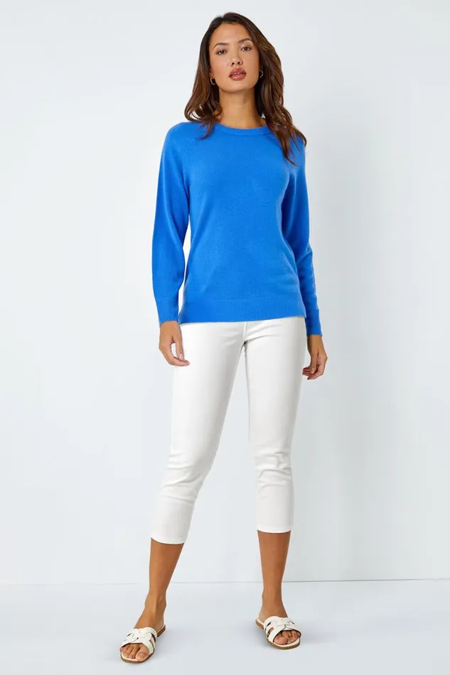 Women Blue Plain Soft Crew Neck Jumper Roman Knitwear