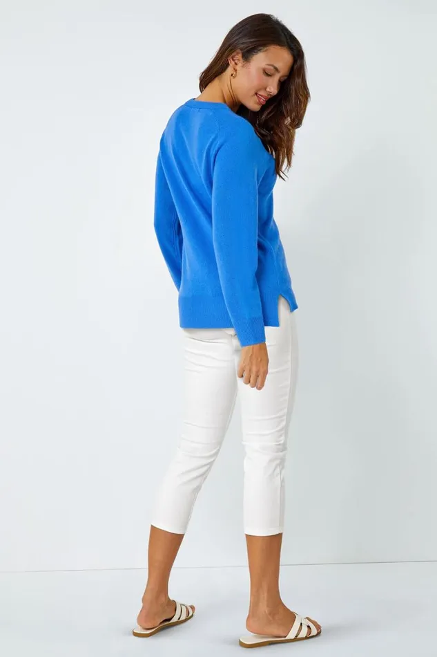 Women Blue Plain Soft Crew Neck Jumper Roman Knitwear