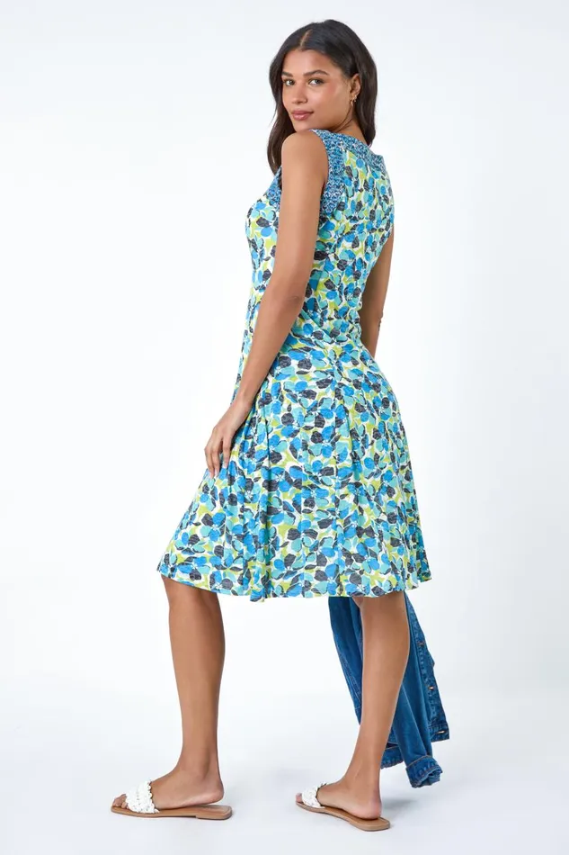 Women Blue Sleeveless Contrast Floral Print Dress Roman Dresses