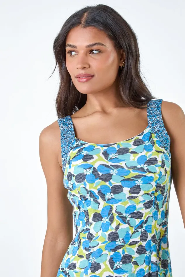 Women Blue Sleeveless Contrast Floral Print Dress Roman Dresses