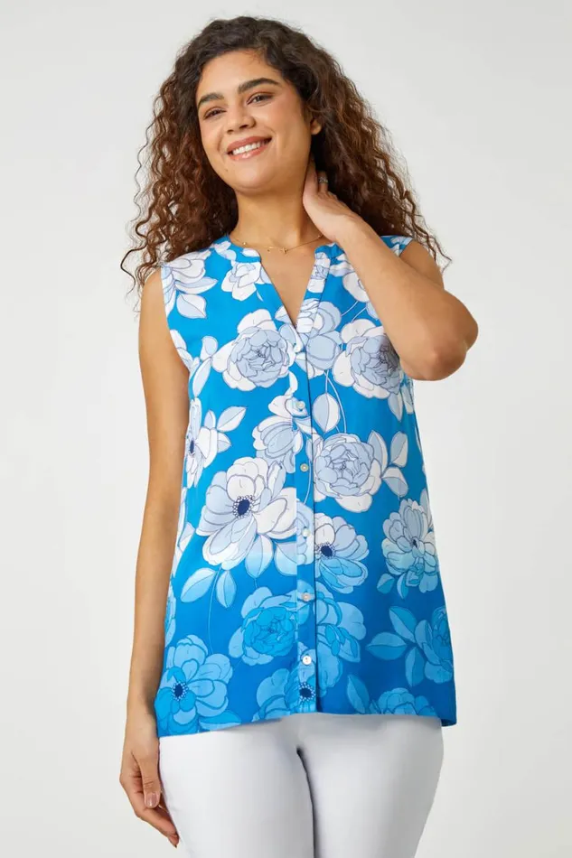 Women Blue Sleeveless Floral Print Blouse Roman Tops