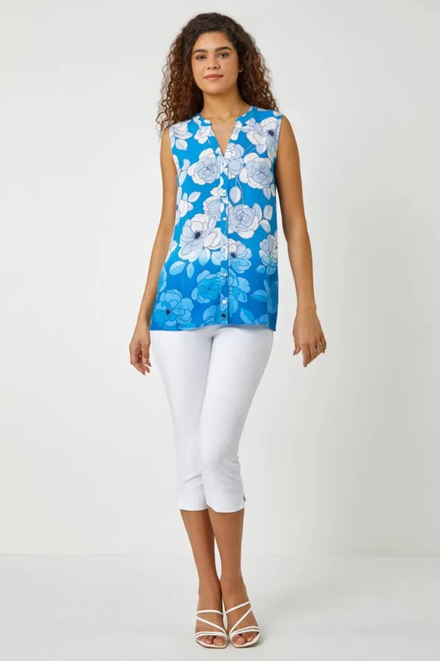 Women Blue Sleeveless Floral Print Blouse Roman Tops