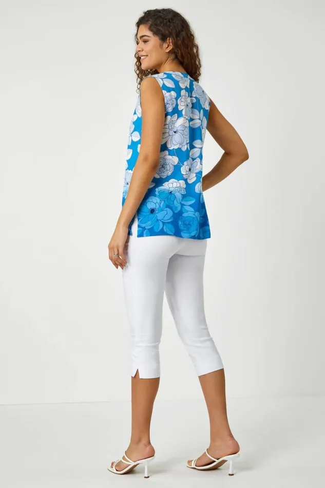 Women Blue Sleeveless Floral Print Blouse Roman Tops