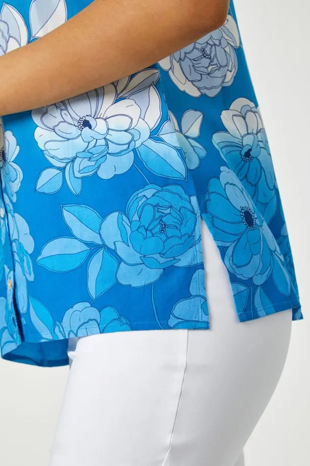 Women Blue Sleeveless Floral Print Blouse Roman Tops