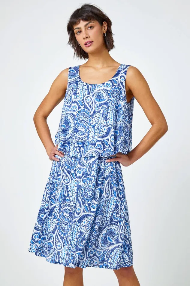 Women Blue Sleeveless Paisley Print Overlay Dress Roman Dresses
