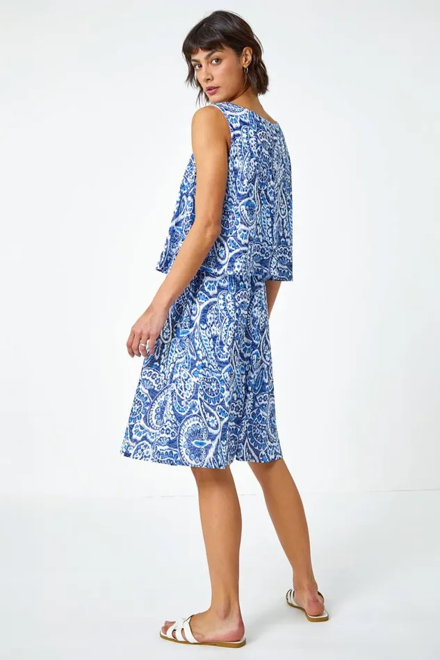 Women Blue Sleeveless Paisley Print Overlay Dress Roman Dresses