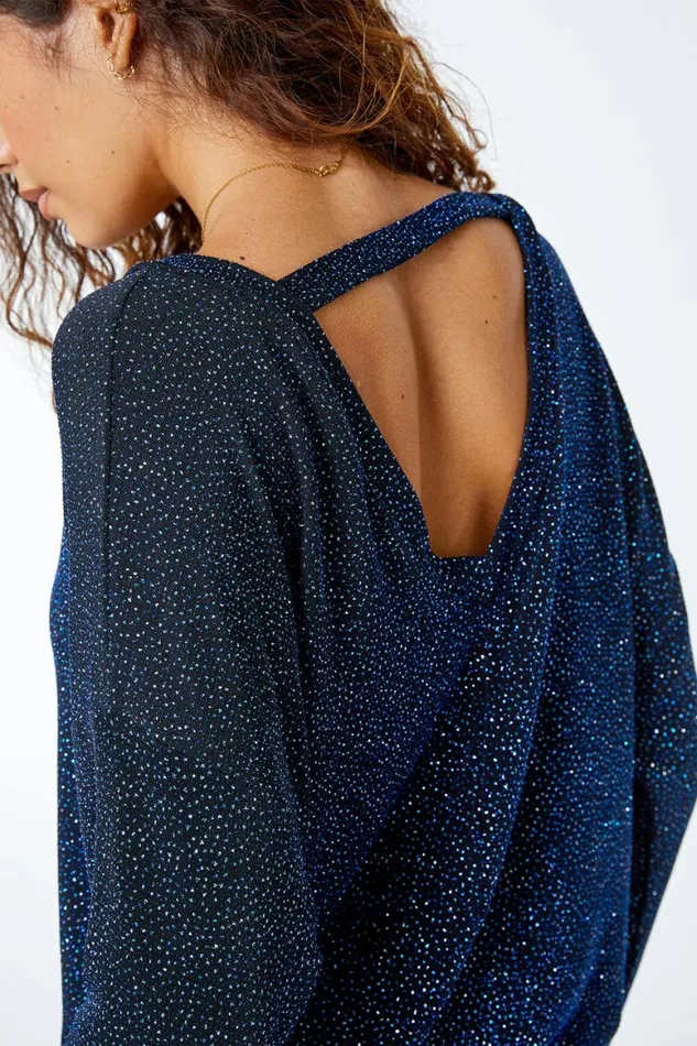 Women Blue Stretch Glitter Blouson Top Roman Tops