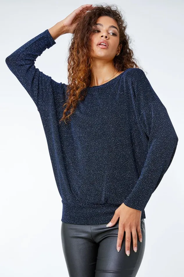 Women Blue Stretch Glitter Blouson Top Roman Tops