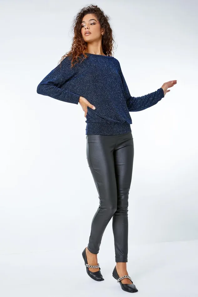 Women Blue Stretch Glitter Blouson Top Roman Tops