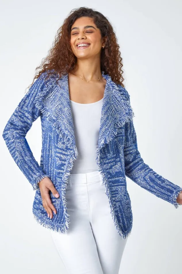 Women Blue Textured Frayed Edge Cardigan Roman Knitwear